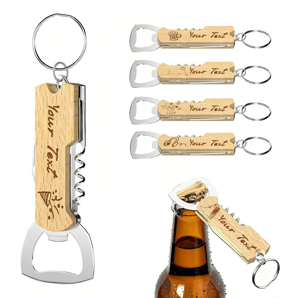 Bottle Opener Keyring - 結婚式の贈り物、ワインツール、ワインボトルオープナー、コルクスクリュー、花婿の付添人への贈り物に最適な、カスタム刻印ロゴ入りボトルオープナーキーホルダー
